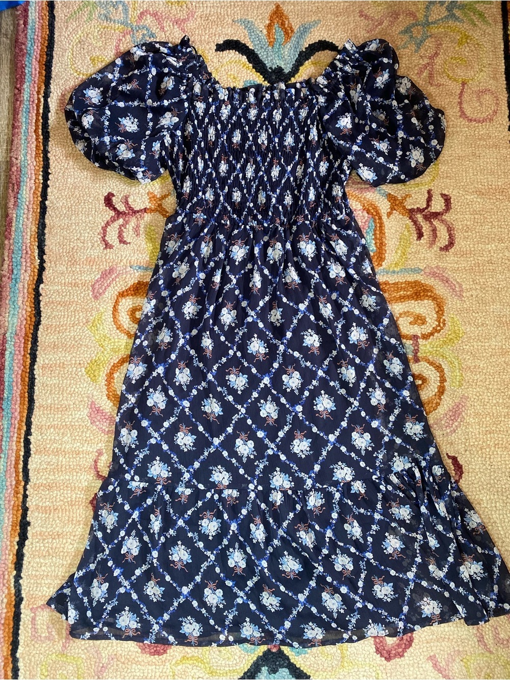 🌸Lauren Conrad Navy Blue Floral Smocked Puff Sleeve Square Neck Short Dress S - Picture 3 of 9
